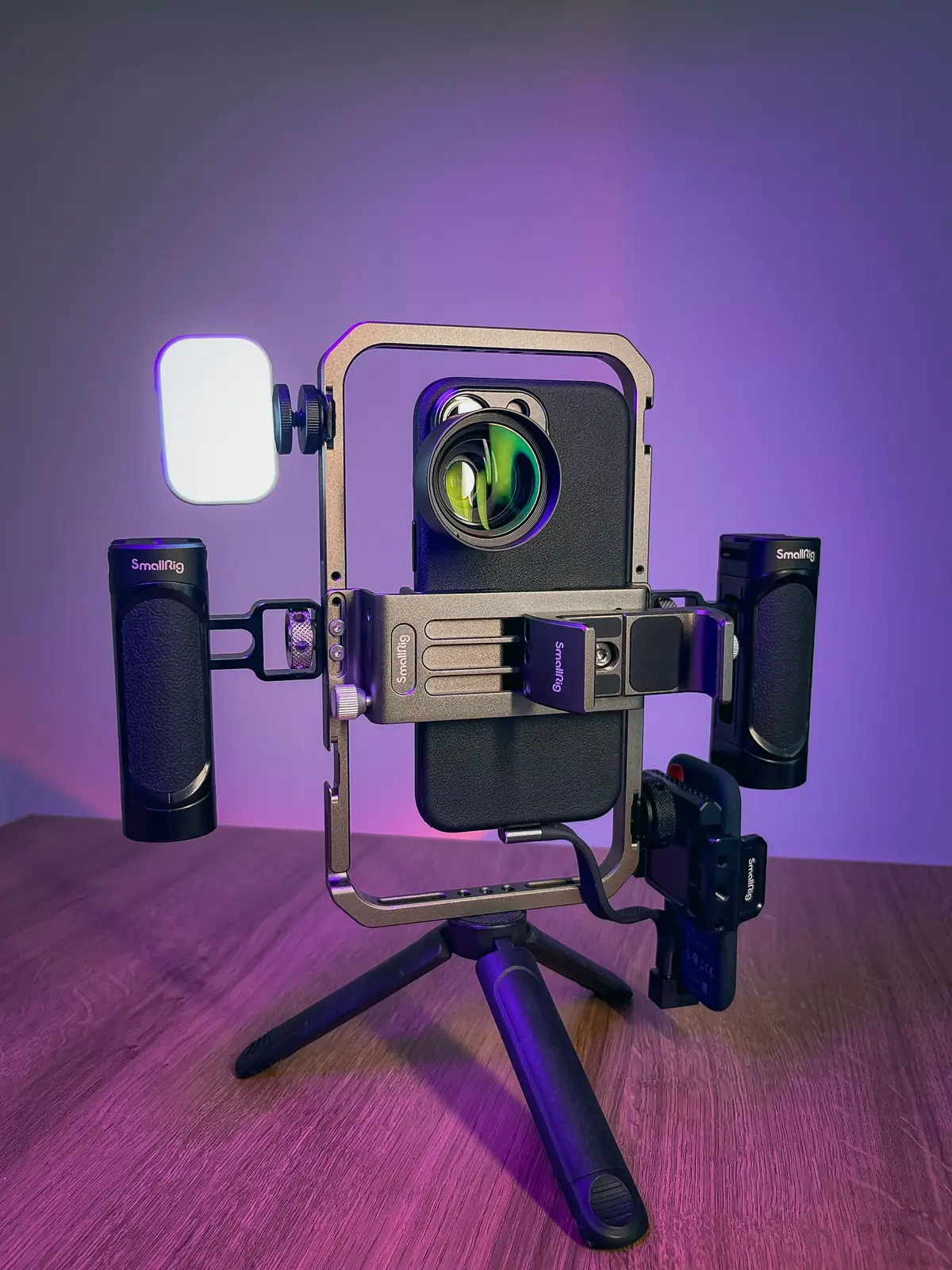 A smartphone filmmaking rig with lighting set up for a shoot